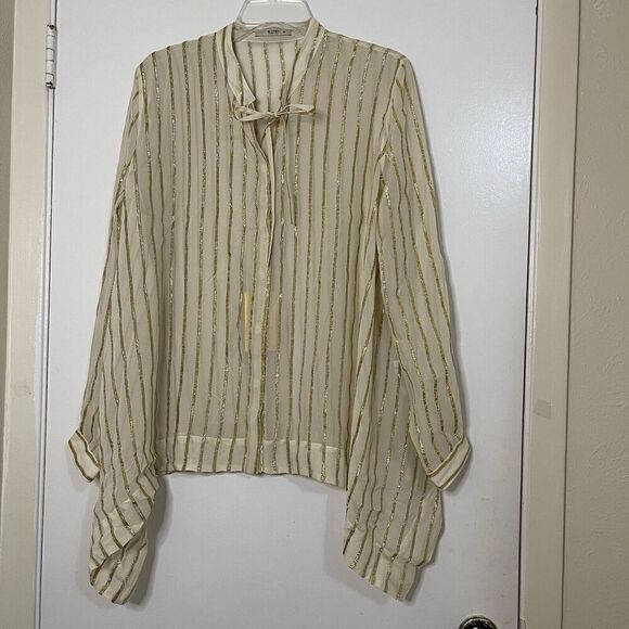 NEW! ETRO ivory gold striped button down silk blouse tie collar IT 48 US L $800 - Picture 1 of 7